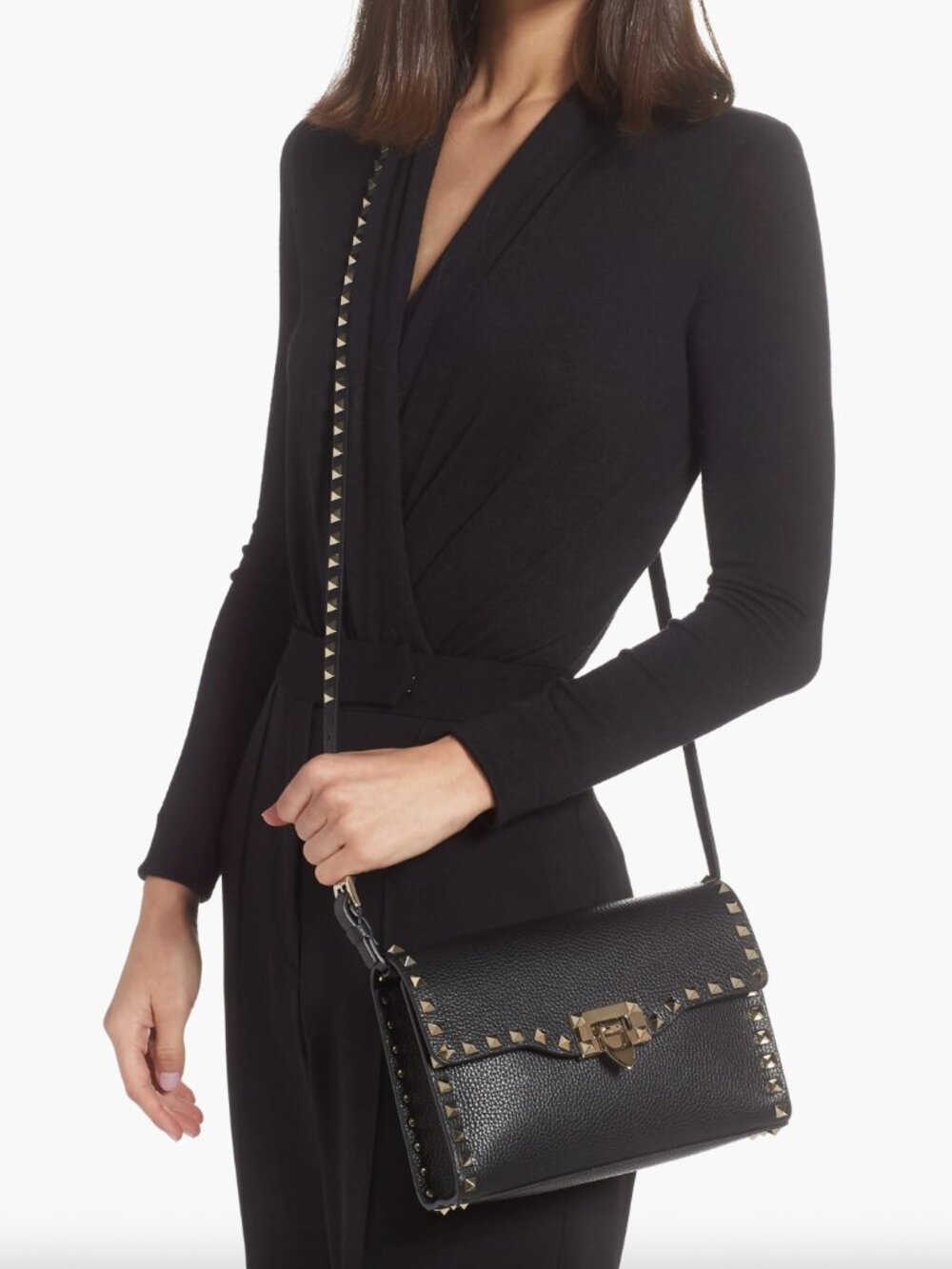 $1950 Valentino Black Leather Gold Rockstud Medium Shoulder Bag